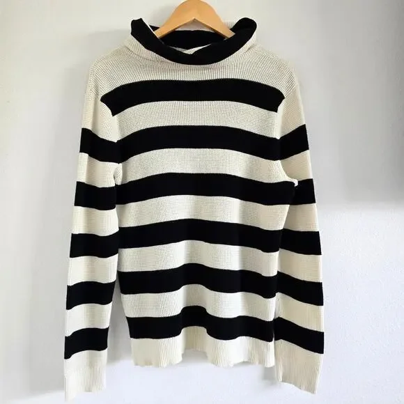 Lauren Ralph Lauren Cotton Waffle Knit Stripe Sweater XL Cowl Neck Black White - Picture 3 of 6